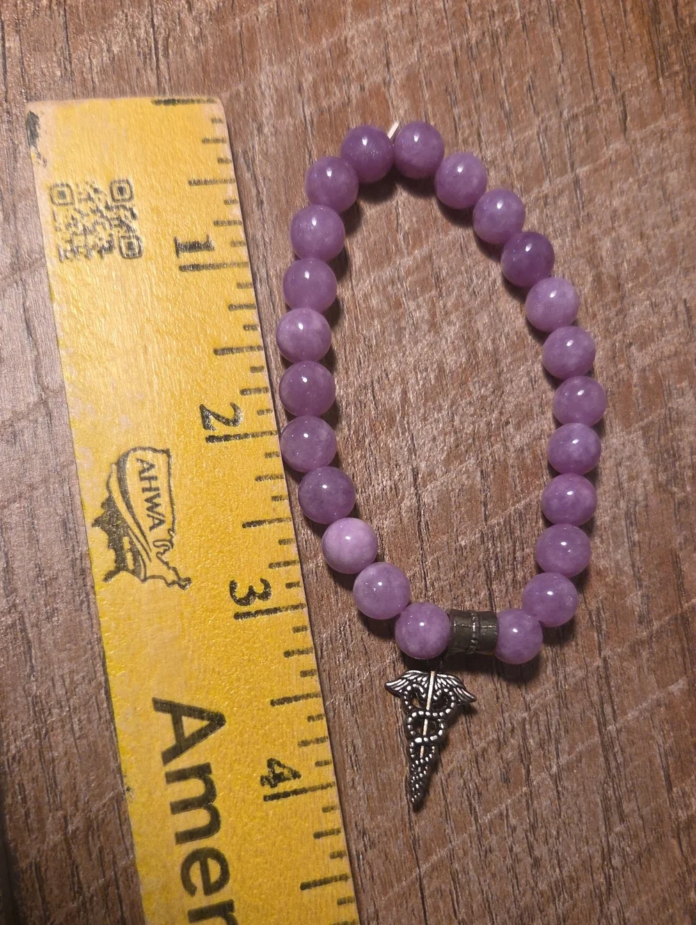Lavender Beaded Bracelet With Medical Caduceus Symbol Charm